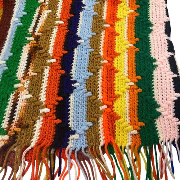 VTG Handmade MCM Chevron Multicolor Crochet Lap Blanket Fringed Afghan - Picture 2 of 8